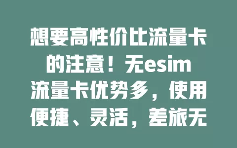 想要高性价比流量卡的注意！无esim流量卡优势多，使用便捷、灵活，差旅无忧，费用性价比高。选时留意设备支持，比较套餐，它能带来全新便捷流量方式，别错过！
