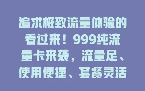 追求极致流量体验的看过来！999纯流量卡来袭，流量足、使用便捷、套餐灵活，是流量新宠，助你畅享畅快网络生活