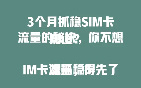 3个月抓稳SIM卡流量的秘诀，你不想知道？

想抓稳SIM卡流量，得先了解套餐特点精准选。合理设设备、掌握监控技巧，多用Wi-Fi，关注优惠。这些方法综合用，一段时间后就能让上网更顺畅实惠！