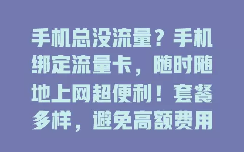 手机总没流量？手机绑定流量卡，随时随地上网超便利！套餐多样，避免高额费用，还能手机营业厅查流量、办变更，设提醒，解决流量难题！