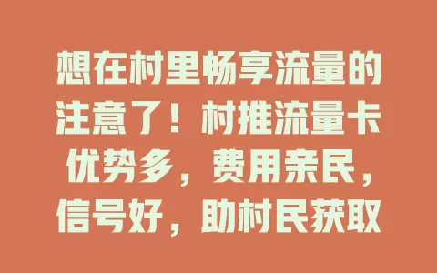 想在村里畅享流量的注意了！村推流量卡优势多，费用亲民，信号好，助村民获取信息、孩子线上学习，让乡村生活更精彩