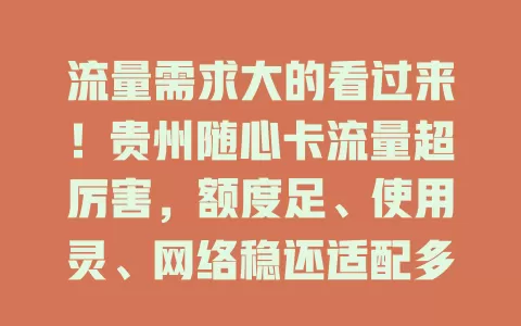流量需求大的看过来！贵州随心卡流量超厉害，额度足、使用灵、网络稳还适配多设备