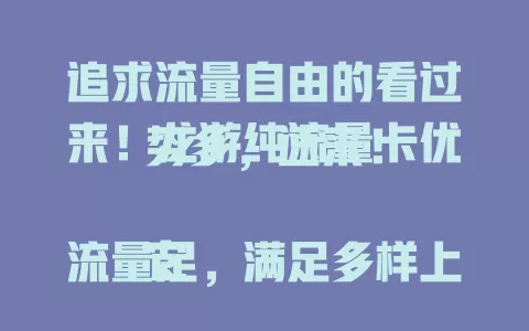 追求流量自由的看过来！龙游纯流量卡优势多，速来！

它流量足，满足多样上网需求；网速快，加载观看超流畅；使用灵活，多地稳定在线；费用性价比高，助你摆脱流量束缚，畅享网络便利，快来关注！