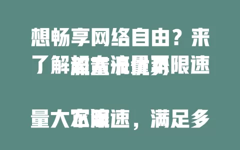 想畅享网络自由？来了解超大流量不限速流量卡优势

它流量大不限速，满足多样需求，性价比高办理简，网络覆盖广。选时留意运营商及套餐详情，谨慎考虑，就能享受优质网络体验，让网络生活更畅快