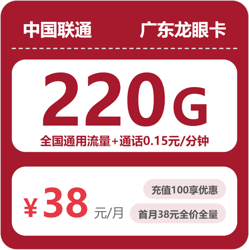 2026年5月5日联通流量卡套餐推荐：联通广东龙眼卡38元每月220G通用+通话0.15元/分钟