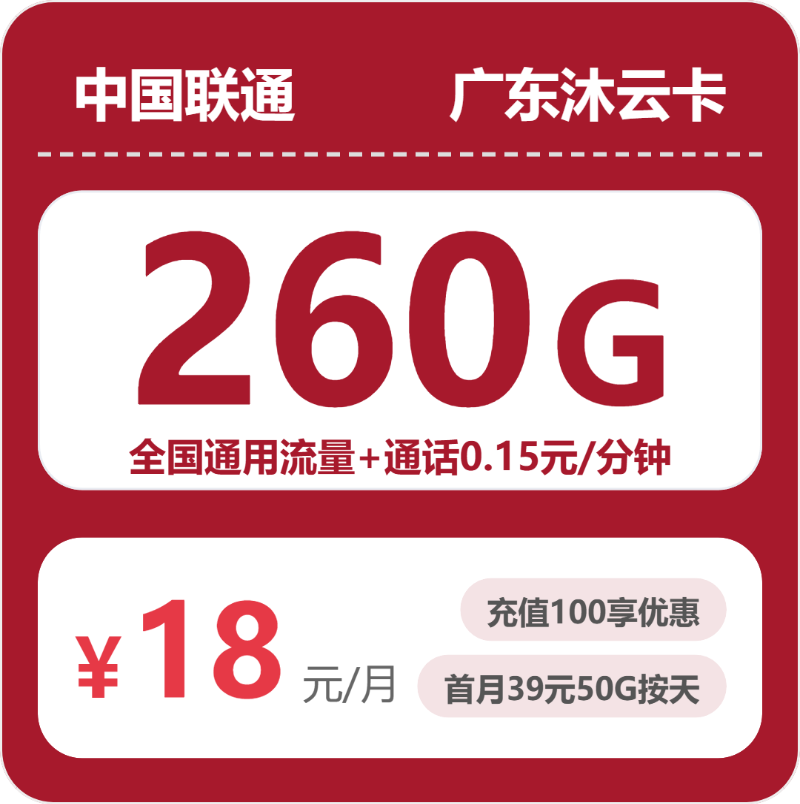 2026年5月5日联通流量卡办理推荐：联通广东沐云卡18元每月260G通用+通话0.15元/分钟