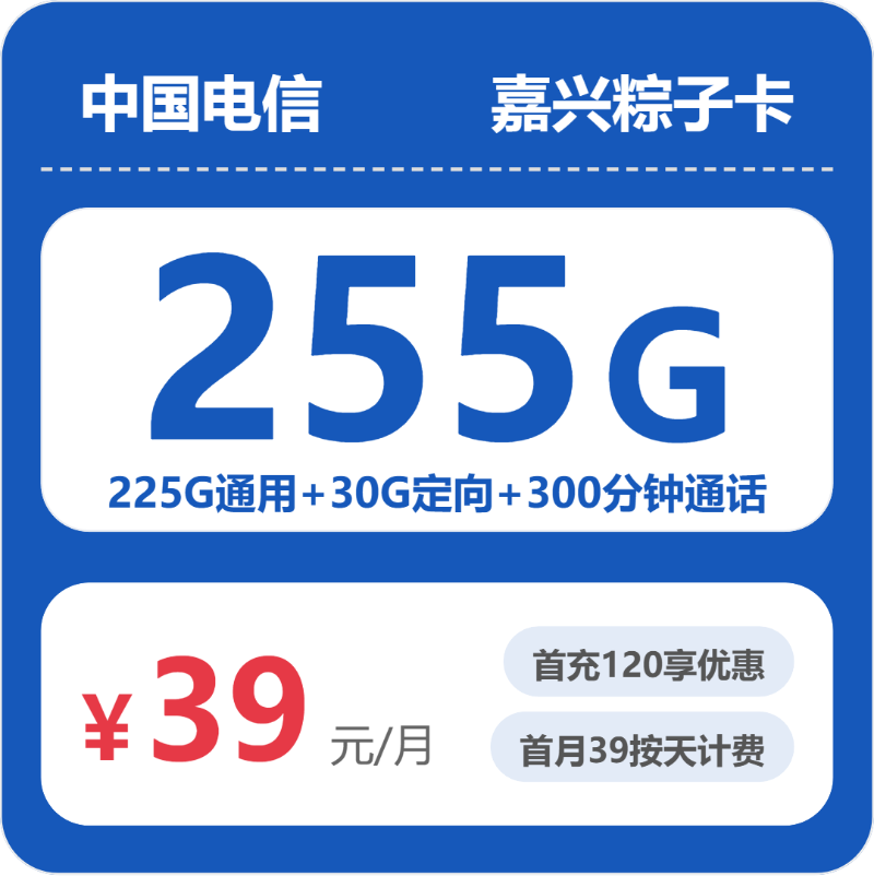2026年5月5日电信流量卡申请指南：电信嘉兴粽子卡39元每月225G通用+30G定向+300分钟通话
