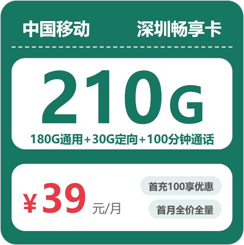 2026年5月12日移动流量卡办理攻略：移动深圳畅享卡②39元每月180G通用+30G定向+100分钟通话