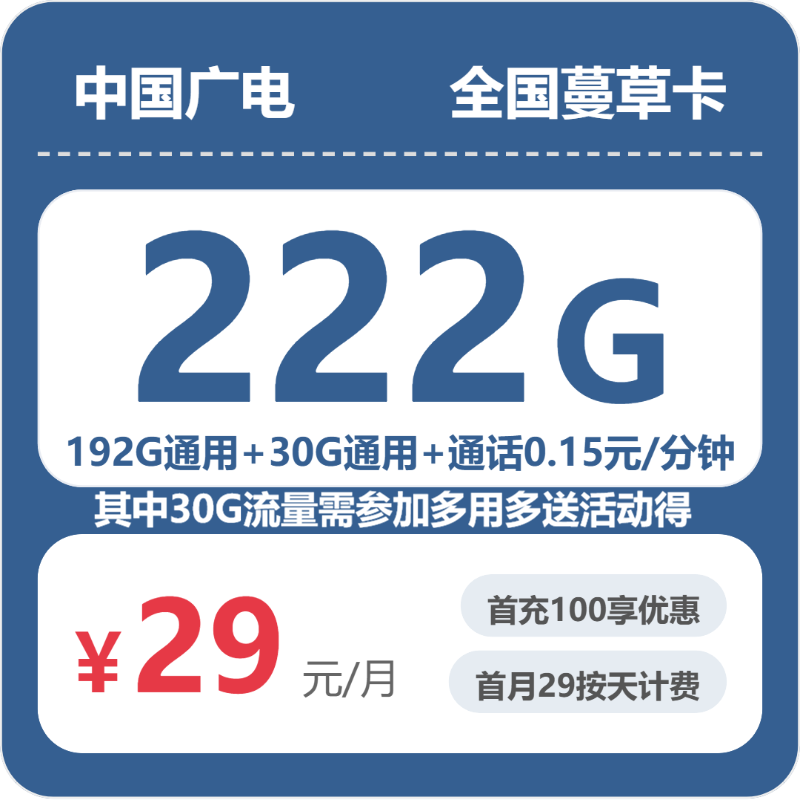 2026年6月11日广电流量卡套餐测评：广电全国蔓草卡29元每月192G通用+30G活动通用+通话0.15元/分钟