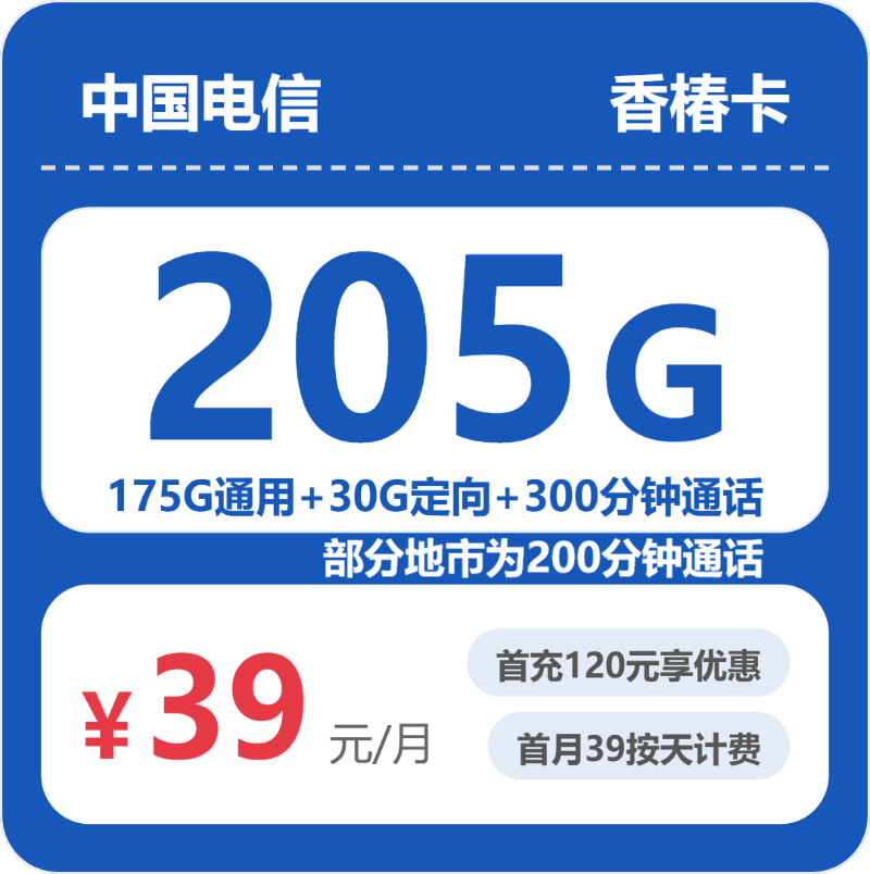 2026年6月16日电信流量卡套餐测评：电信省内香椿卡②39元每月175G通用+30G定向+300分钟通话